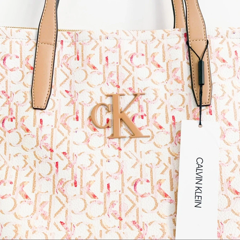 Calvin Klein Pink Cream Monogram Tote with Tan Handles